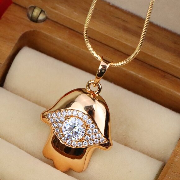 "White Evil Eye Hamsa Pendant in Gold Plated Brass – Sparkling Charm, XPPT1755 - Picture 1 of 13